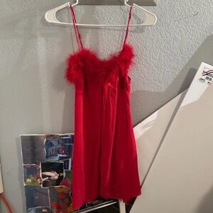 100% Silk Marilyn Monroe Red Feather-Trim Nightgown Slip Chemise
